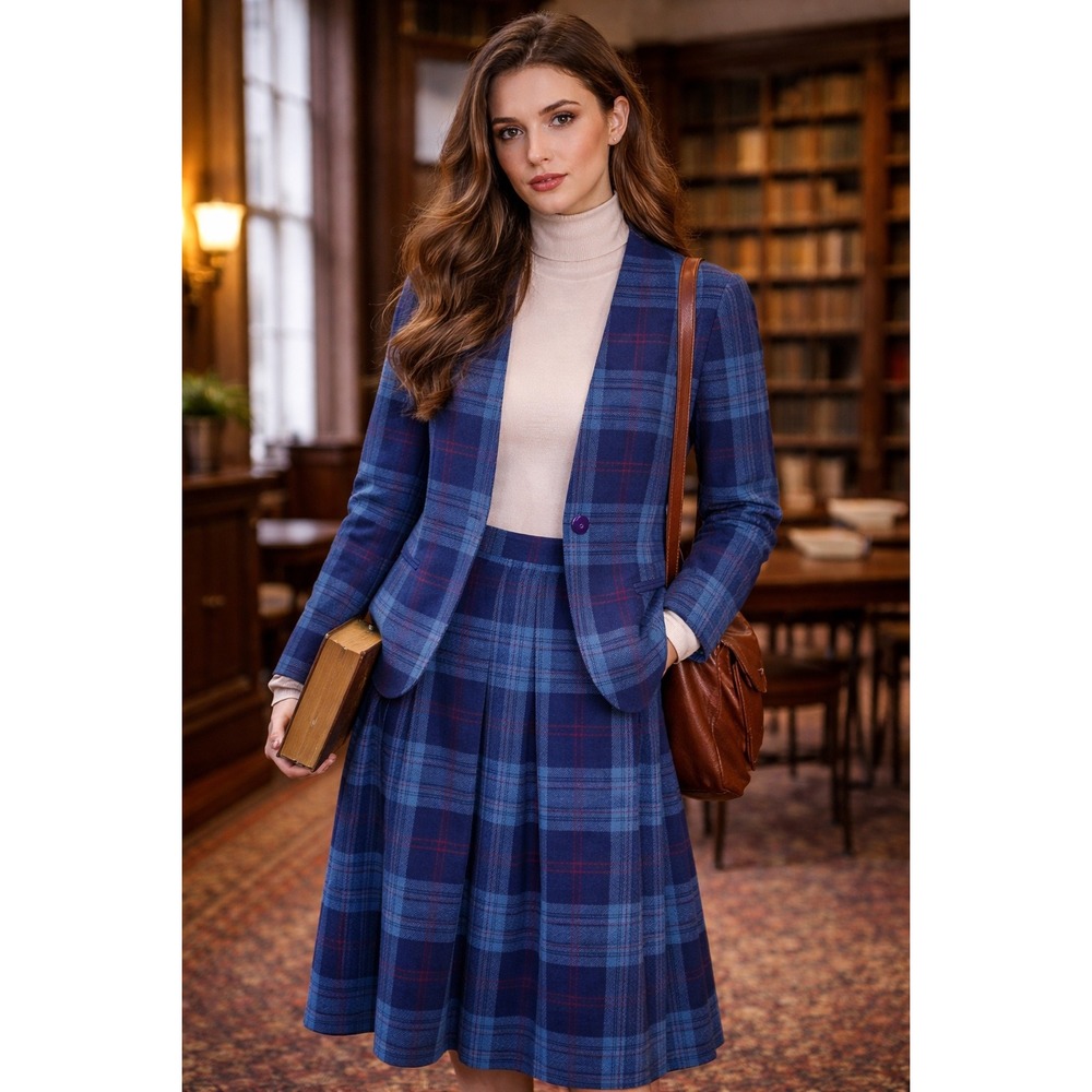 Plaid Blazer Skirt‎ Suit Womens Size Medium Blue Academia Preppy Vintage